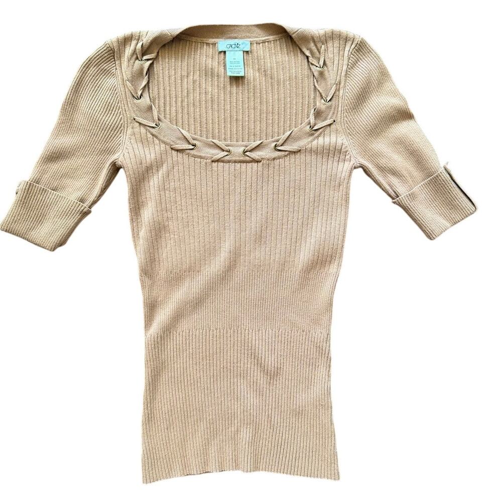 Vintage Cache Y2K Braid Collar 3/4 Sleeve Rib Knit Tan Sweater Minimalist